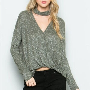 CY Fashion |‎ Olive Green Long-Sleeve Choker-Strap Top Medium